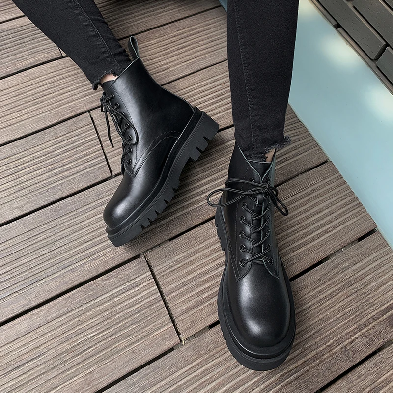 

Newest Chunky Heels Punk Motorcycle Short Boots genuine leather Women lace up Female Ankle Boots Party Basic Shoes Woman