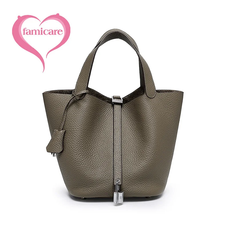 

Women's Bag Female Handbags 2021 New Korean Niche Litchi Pattern First Layer Cowhide Basket Bag Leather Portable Bucket Bags