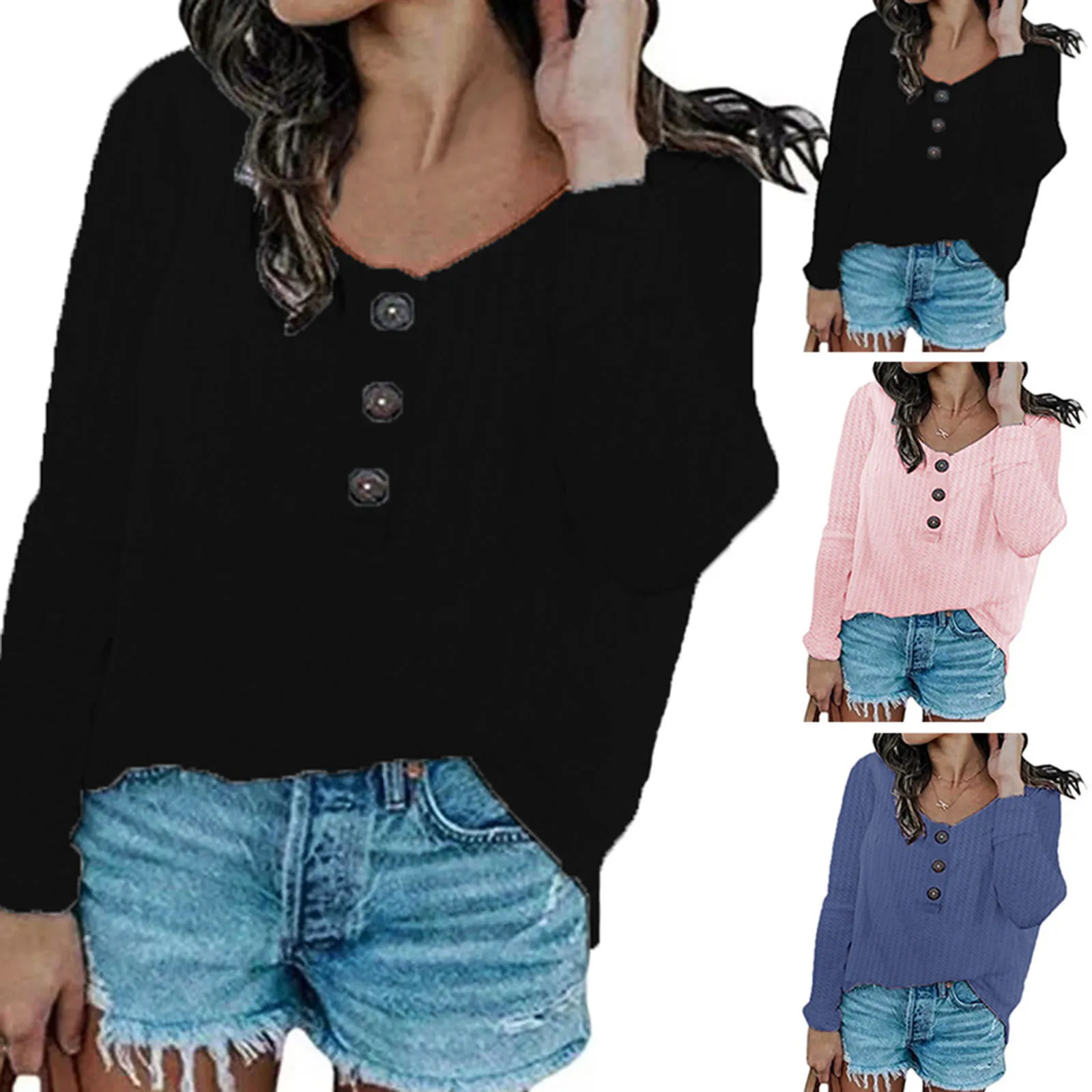 

Women's Button Elegant Long Sleeve Streetwears 2021 New Ladies Solid Color Round-Neck T-Shirt Casual Basic Tops Pullover Hot