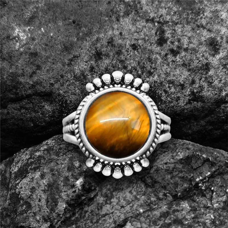Round Quartz Rings For Women Irregular Natural Stone Tail Tiger Eye Lpais Antique Silver Plated Fashion Ring | Украшения и