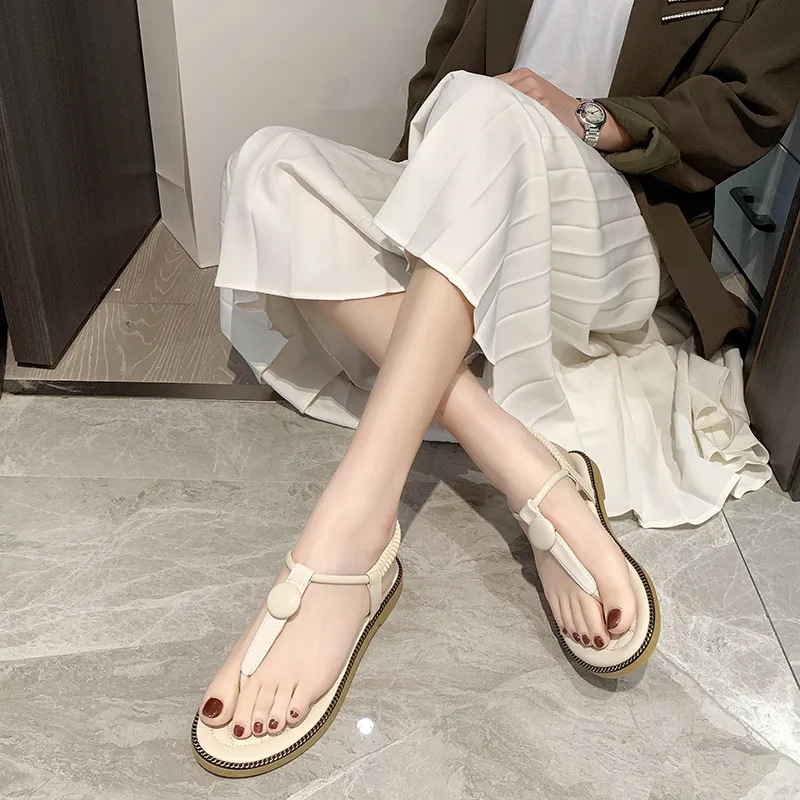 

2021 Summer Beige Heeled Sandals Female Shoe Shallow Mouth Black Flat Girls Elastic Band Comfort Clear Low Fashion New
