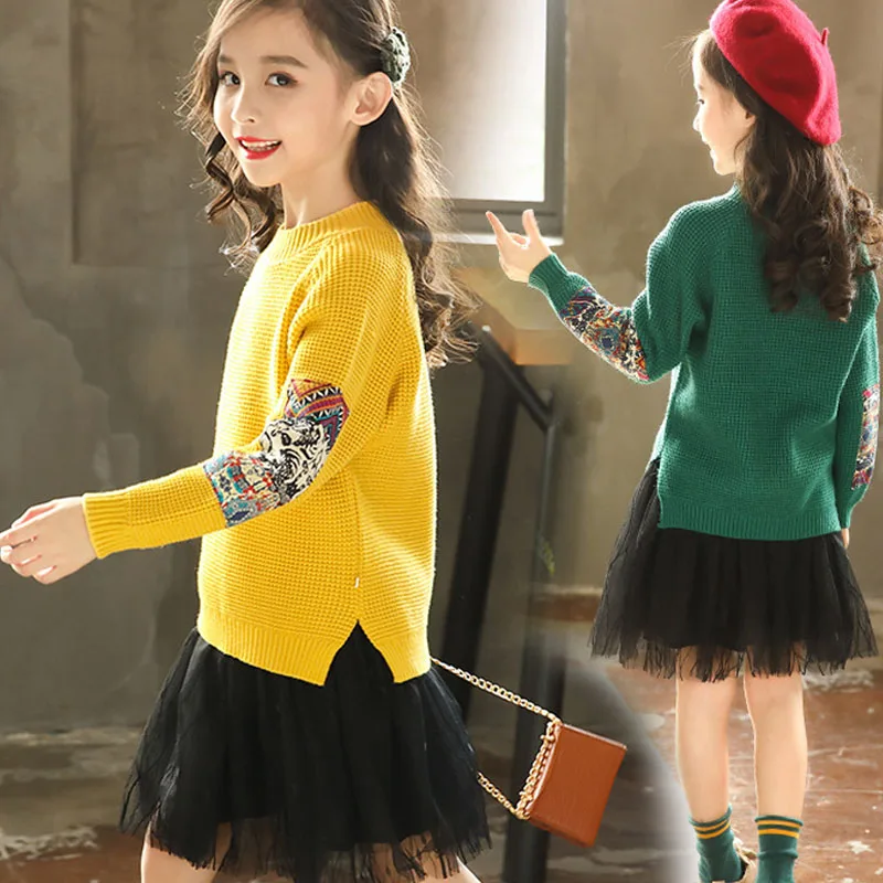 

2019 Autumn Winter Children's Clothes Teenage Girls Knitted Sweaters Fashion Vintage Big Kids Pullovers 4-13y RT675