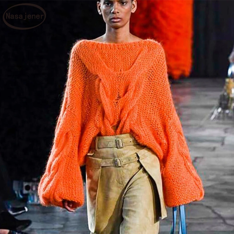 Осень Зима Мода Один размер оранжевый вязаный свитер женские фонари рукав волна