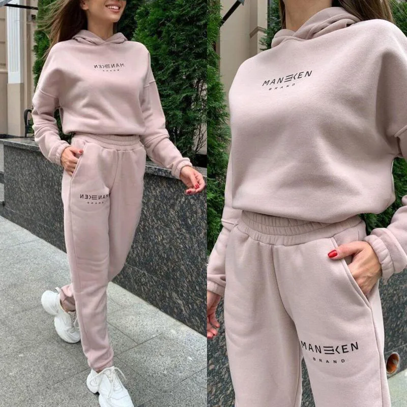 

Ladies Tracksuit Preppy Style Hooded Letter Print Basic Sweatershirt Suit College Casual Running Soft Feamle Pullover Suit
