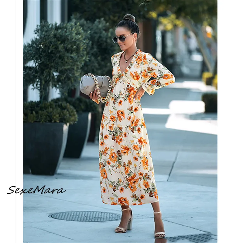 

Party Night Autumn Long Sleeve Dress Vintage Sexy Chiffon Print Maxi Dress for Women