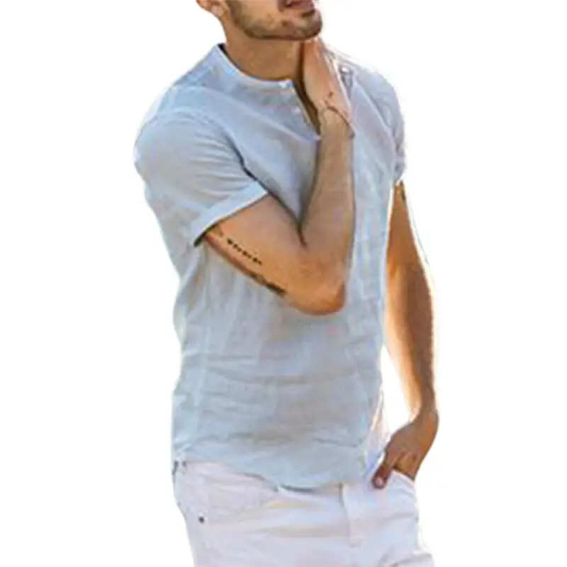 

Mens Short Sleeve Stand Collar Shirt Summer Beach Half Button T-Shirt Casual Top