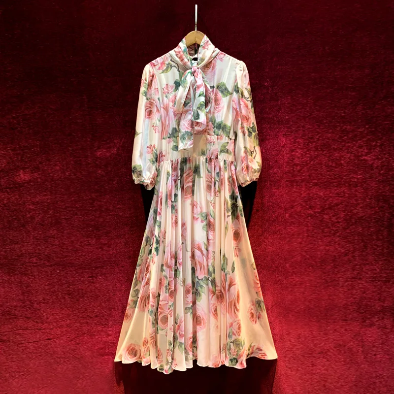 

2021 Autumn New Style Bohemian Rose Print Three-quarter Sleeve Lace-up Party Evening Dress for Women