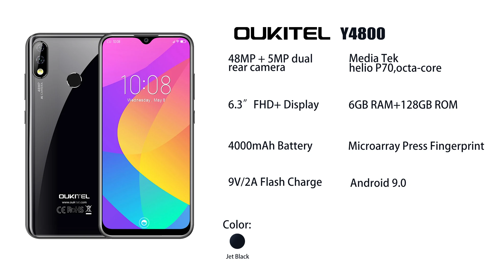 Смартфон Oukitel Y4800 48MP 5MP FF AI камера 16M YOUNGE 6 ГБ ОЗУ 128 Гб ПЗУ Android 9,0 4000 мАч OTG NFC 6,3 ''телефон