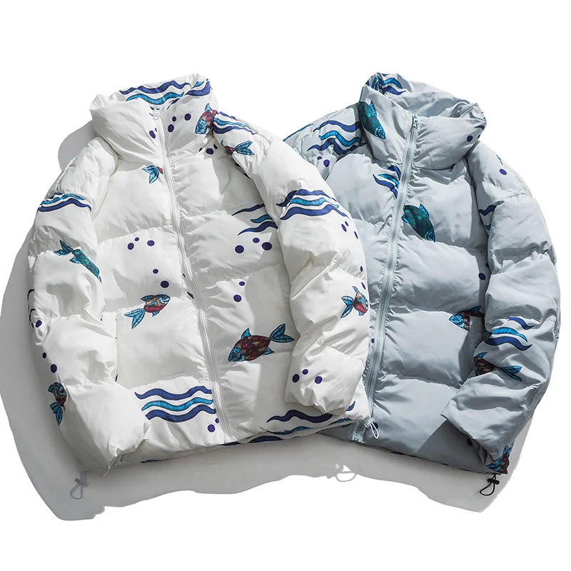 Aolamegs Winter Jacket Men Parkas Colorful Fish Painting Print Outwear Loose Warm Japanese Harajuku Thick Coat Couple Streetwear