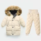 Модный Зимний пуховик для мальчиков и девочек, комплекты одежды для мальчиков, теплая куртка средней длины + штаны, детская одежда из 2 предметов, куртка с пушистым капюшоном унисекс