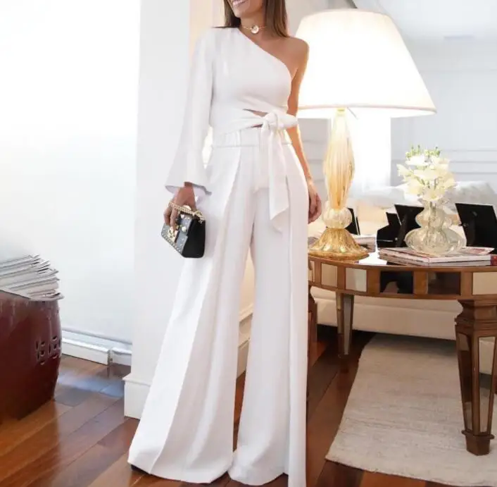 Fashion White Jumpsuit Women Sexy Two Piece Set One Shoulder Long Sleeve Lace up Crop Top High Waist Wide Leg Pants Outfits