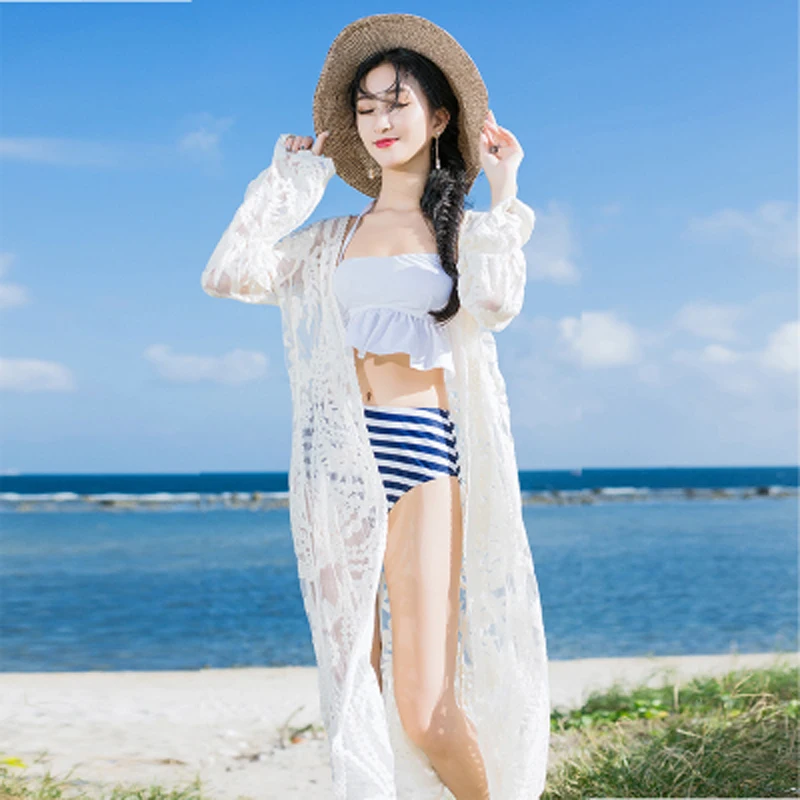 

2021 Korean Crochet Beach Cover Up Swimwear Ladies Lining Thin Sexy holiday long Beach Cover-Ups Summer Beach Tunic C1796