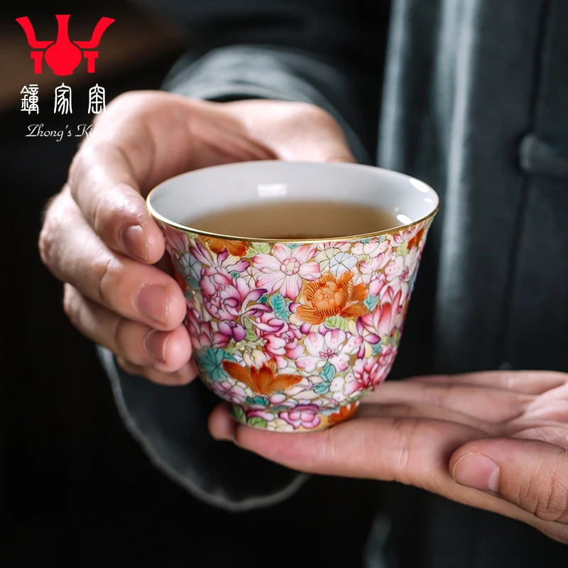 

Clock at jingdezhen kiln enamel colour master cup tea pure manual single small cup cup enamel Mosaic gold flower cup