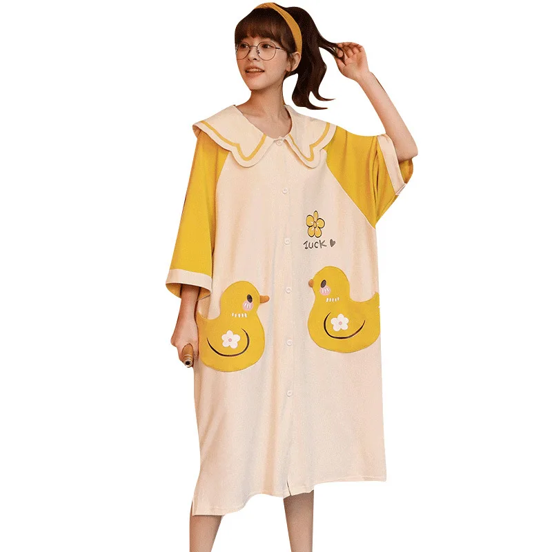 

New ladies summer cotton short-sleeved dress cute cartoon dress home clothing lapel shirt style plus size sleepwear nightdress