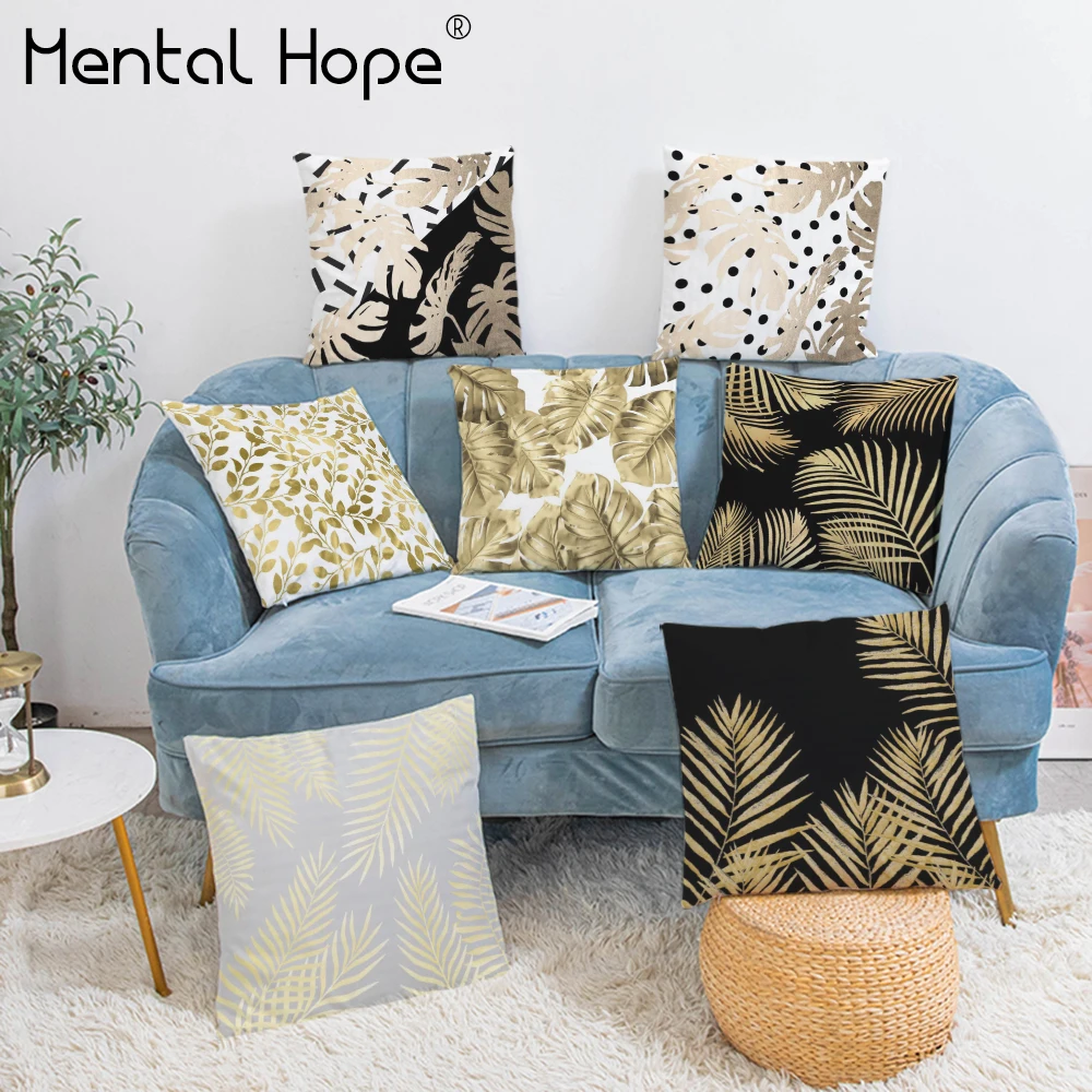 

Gold Leaf Print Cushion Cover Home Decor Plant Decorative Throw Pillow Cover Plush Sofa Car Square Pillowcase Funda Cojine