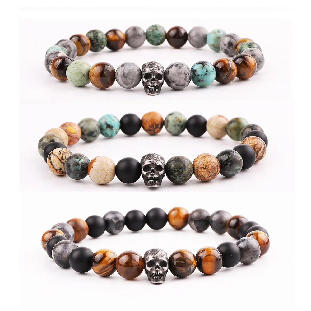 

Men Bracelet Set New Design Stainless Steel Vintage Skull Charm Lion Natural Stone Tiger Eye Beads Bacelet Men