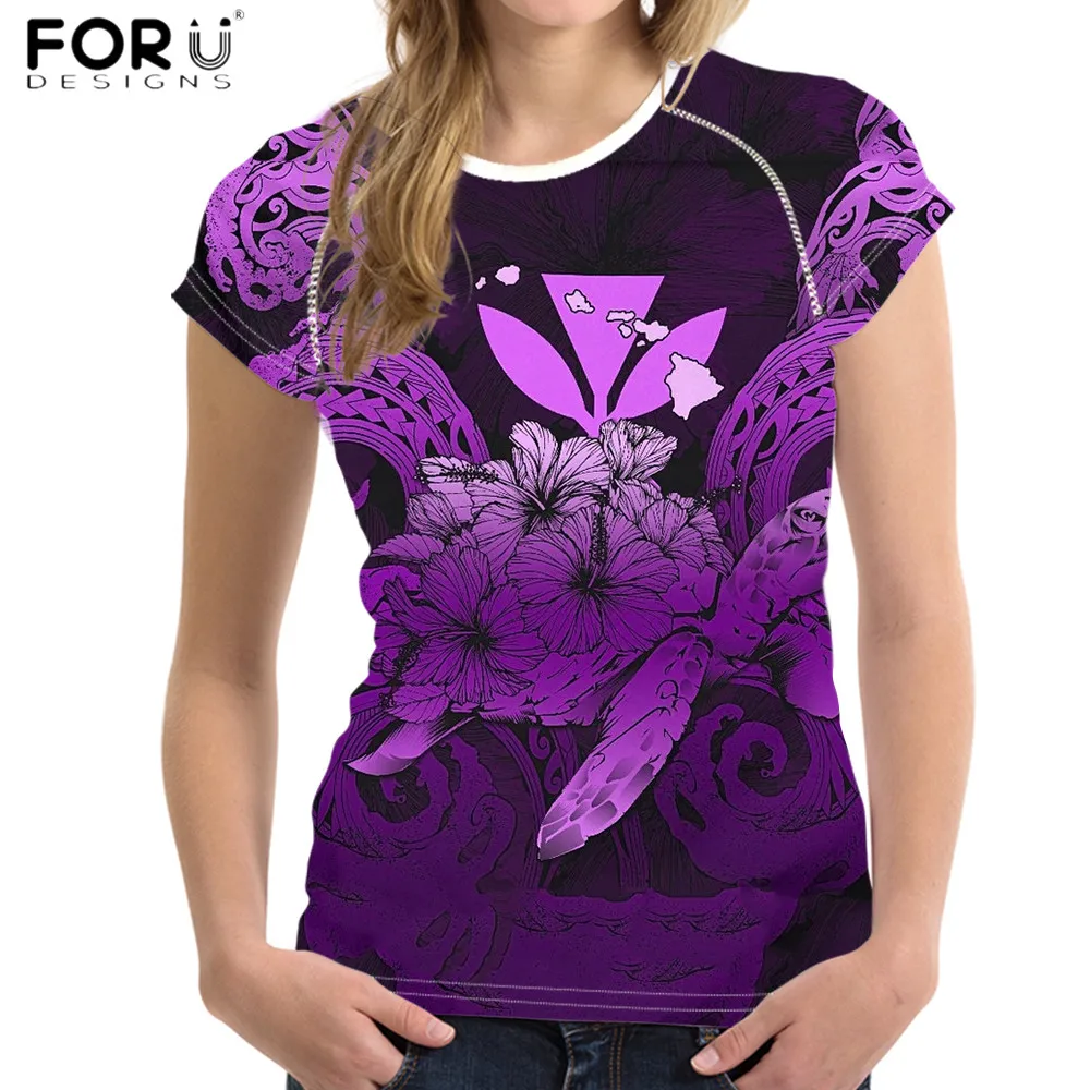 

FORUDESIGNS Hawaiian Turtle Hibiscus 3D Printing Women Comfort Short Tops And Tees Fashion Lady Casual Beach O-Neck T Shirts