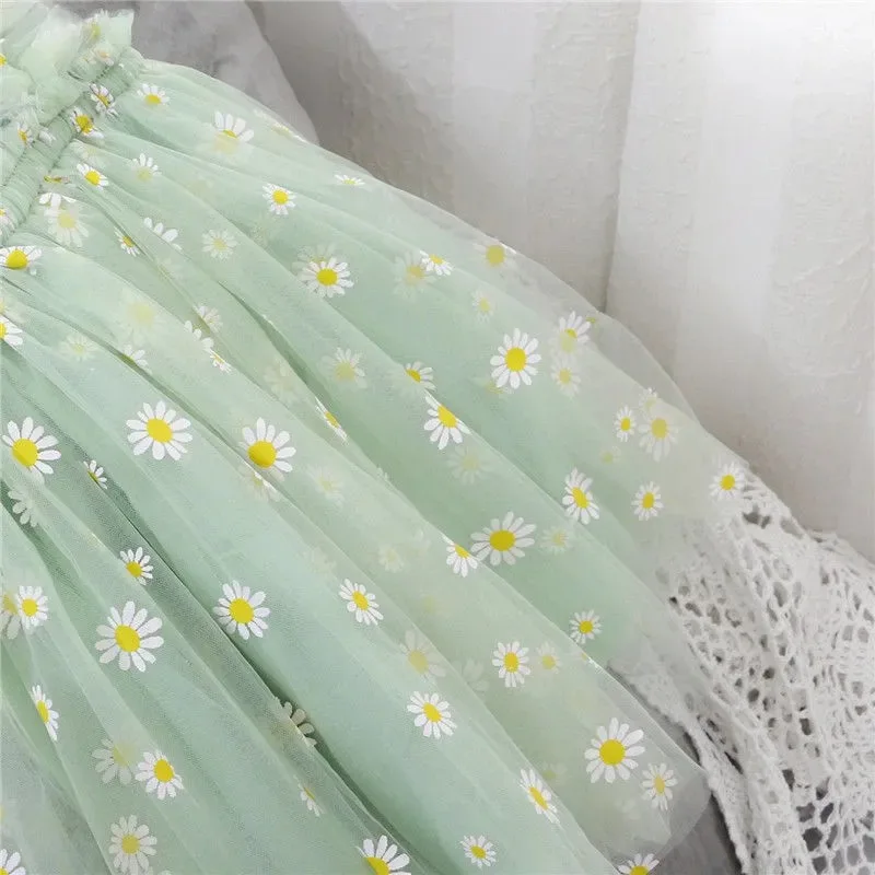 MERI AMMI Children Girl Clothing  Sleeveless Floral Daisy Party Daily Knee Length Mesh Dress For 1-13 Year Kids baby dresses