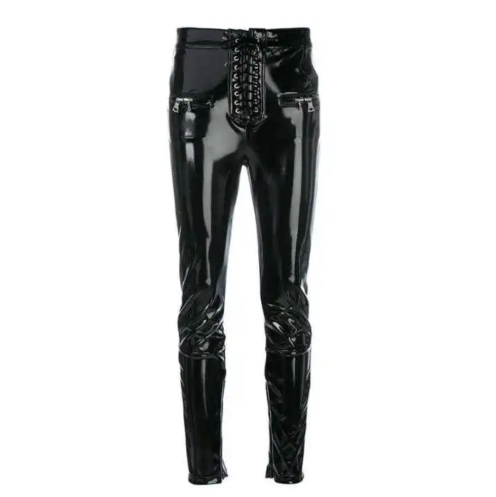 

Gratis verzending Nieuwe tij lakleren broek Punk hoge taille shiny PU lederen strakke broek knop rits Vrouwen potlood pant