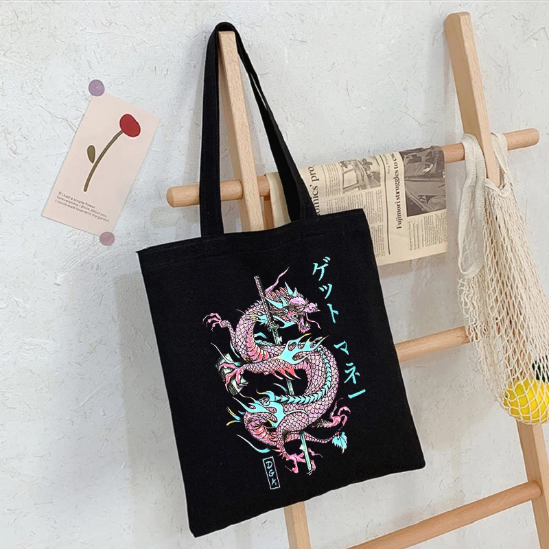 

Dragon Anime Print Punk Canvas Bag Harajuku Shopper Large Capacity Women's Bag Vintage Classic Shoulder Bag Handbag Gift Bag