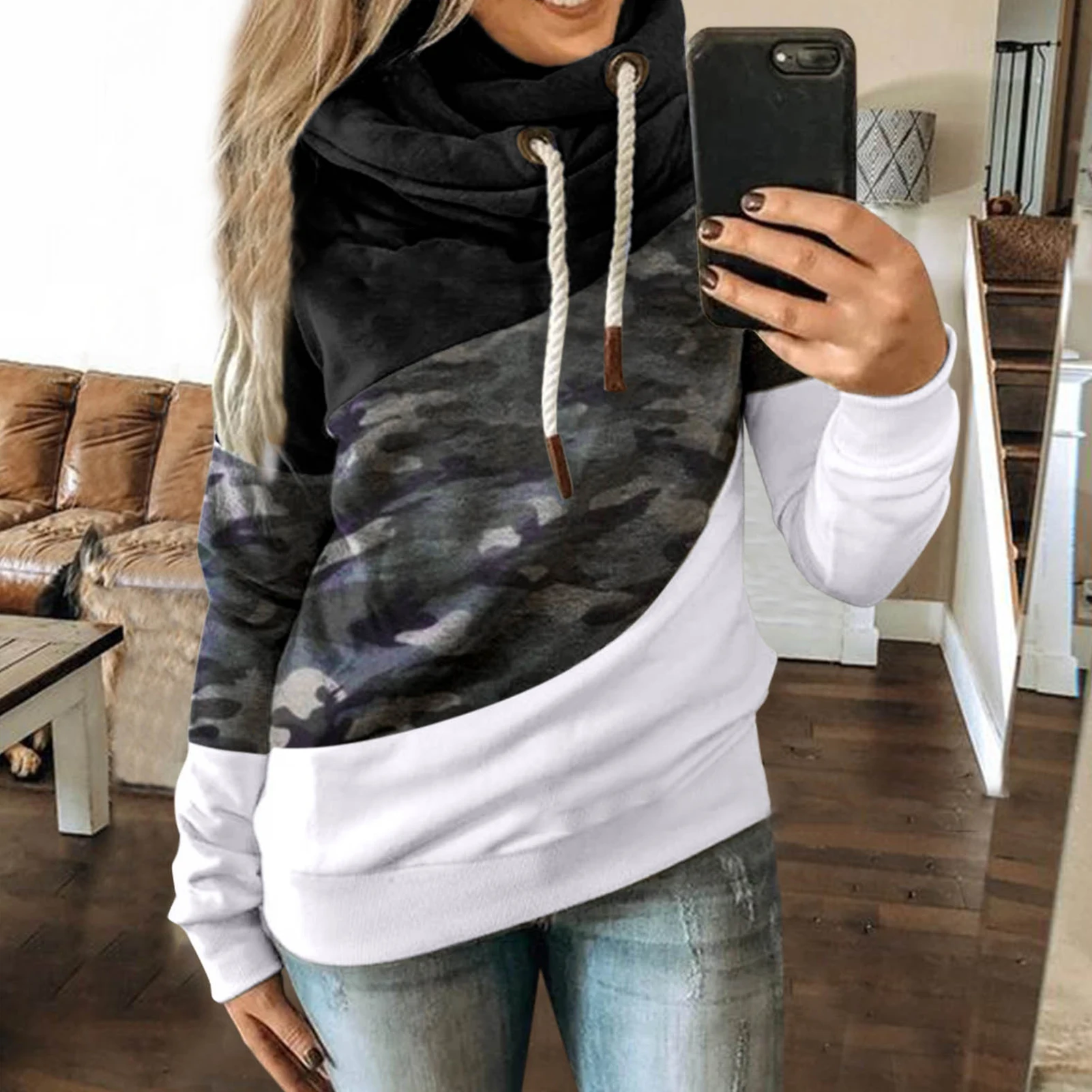 

2020 Women Long Sleeve Camouflage Patchwork Hooded Sweatshirt Autumn Winter Hoodie Women's Clothing sudaderas