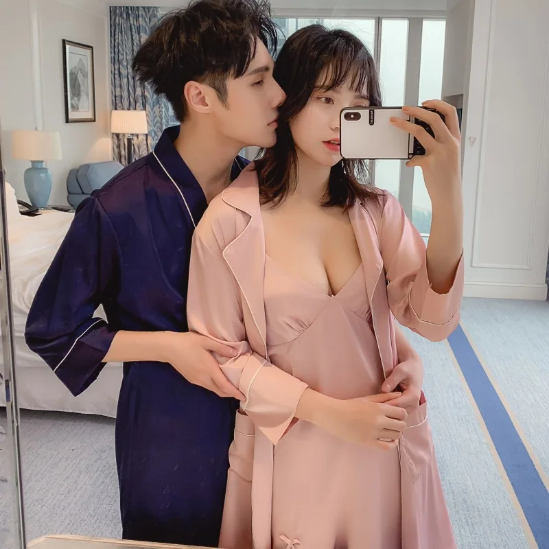 Новая весенняя Пижама для пар женская ночная рубашка шелковая с тонкими лямками