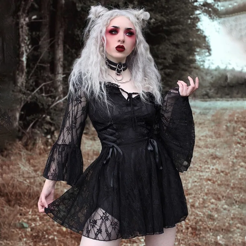 

Dark Gothic Lace Dresses For Women Grunge Y2K Sexy Strapless Patchwork Tie Up Long Sleeve High Waist Corset Mini Bodycon Dress