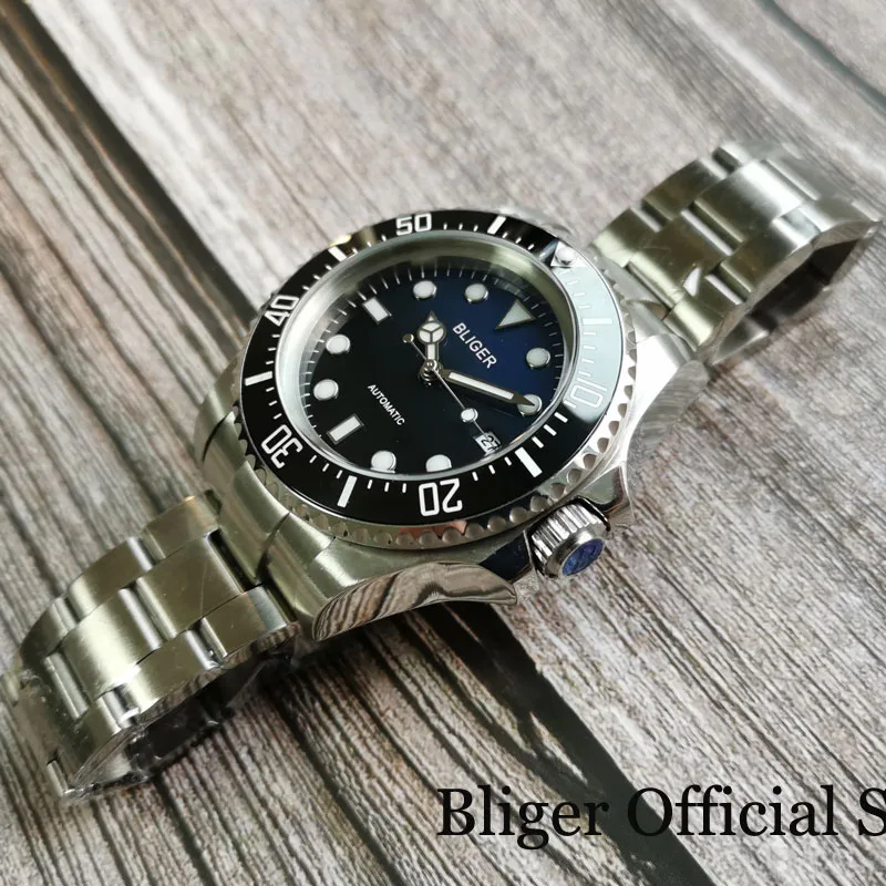 Pаспродажа Мужские Большие механические часы BLIGER SEA Blue Black Dial 43 мм, вращающаяся рамка с керамической вставкой, 24 Драгоценности NH35A MIYOTA 8215, ремешок для уст...