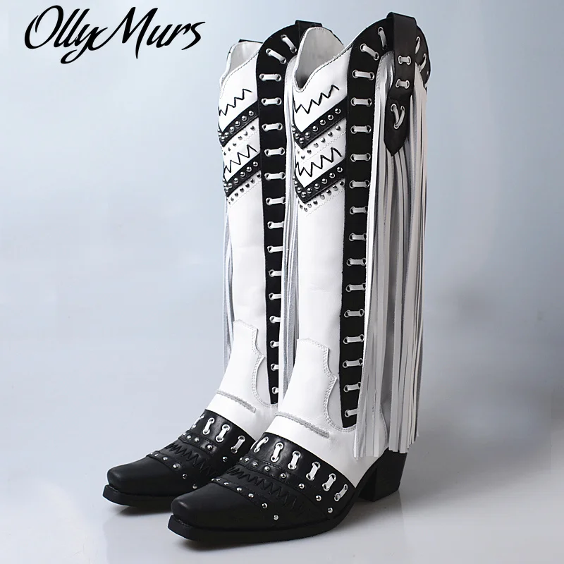 

Женские длинные сапоги с бахромой ollywalls, осенние сапоги ручной работы из натуральной кожи на массивном высоком каблуке 7 см, сапоги без шнуро...