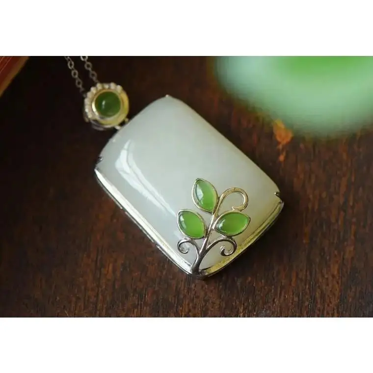 

S925 Sterling Silver Jasper Flower Lotus Leaf Natural Hotian Jade Pendant Safety-Blessing Card White Gold Color Pendant to Give