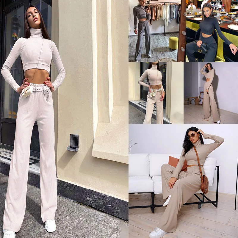 

Новинка весна-осень 2021, модные брюки с длинным рукавом и высоким воротом и широкими штанинами, облегающий Женский комплект из двух предмето...