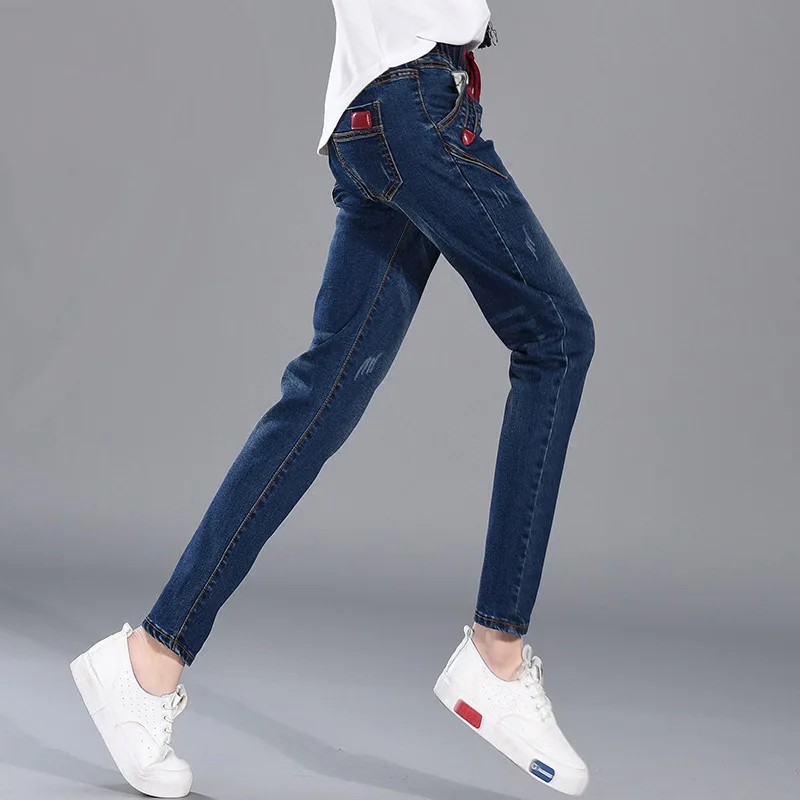 

Women 2019 Spring Casual High Waist Jeans Ladies Button Fly Elasticity Solid Color Pants A628