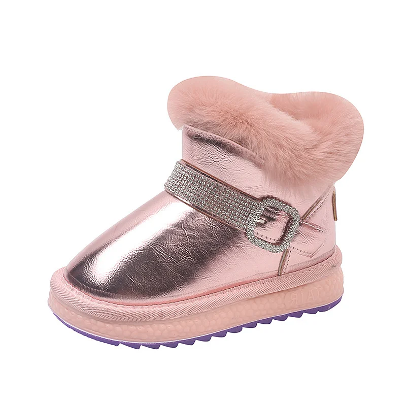 

Girls' Snow Boots 2021 Winter Kid's Warm Plush thickened Patent Leather Baby Rhinestone Buckle Waterproof Princess Cotton Shoes