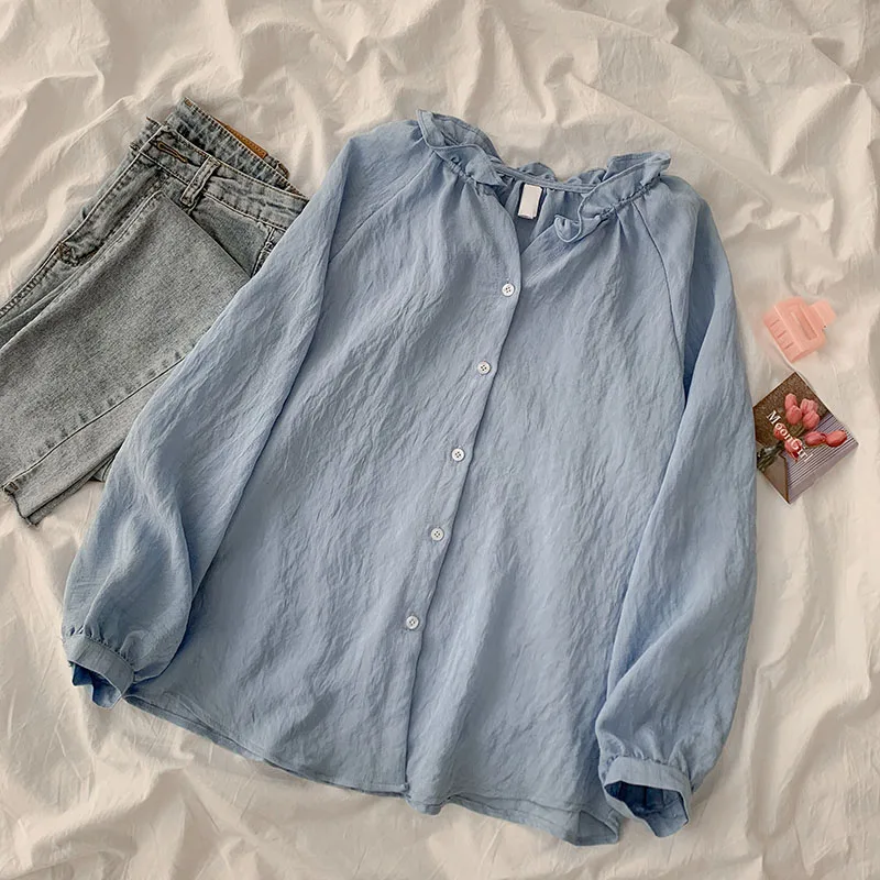 

Cotton Linen Blue Women Shirts Summer New 2021 Ruffles Neck Long-Sleeved Loose Elegant Female Outwear Tops