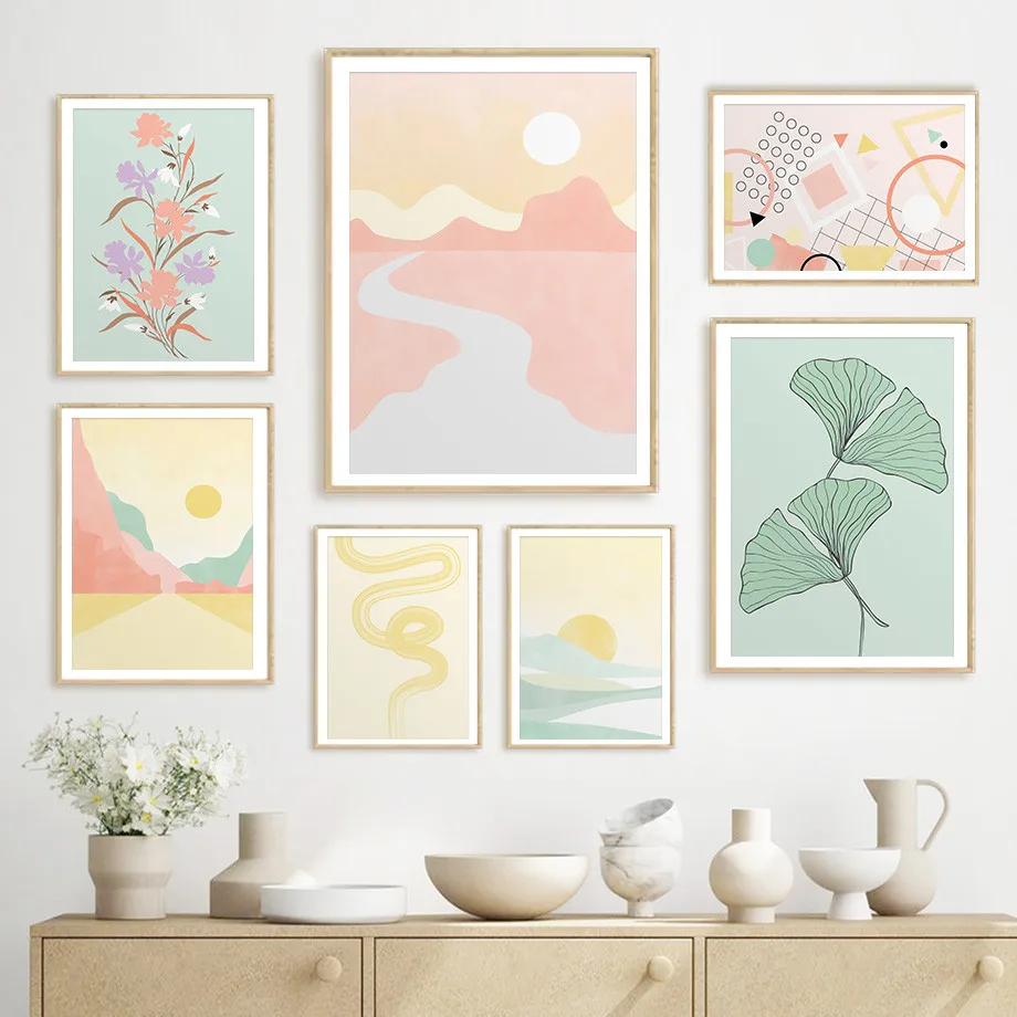 Абстрактная желтая линия с изображением растений настенная живопись на холсте