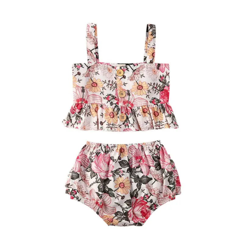 

2020 Infant Girls Kids Clothes Sets Flowers Print Spaghetti Strap Sleeveless Vest Tops+Ruffles Shorts Casual 2Pcs Summer Outfits