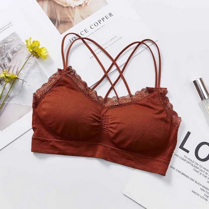 

Bralette Fitness Lace Thin Shoulder Strap Underwear Women Anti-light Shockproof Push Up Full Cup Cross Back Bra Lingerie 2021
