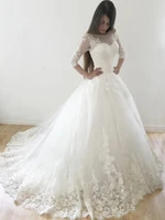 custom made half long sleeves lace ball gown wedding dresses with appliques jewel neck court train tulle wedding bridal gowns