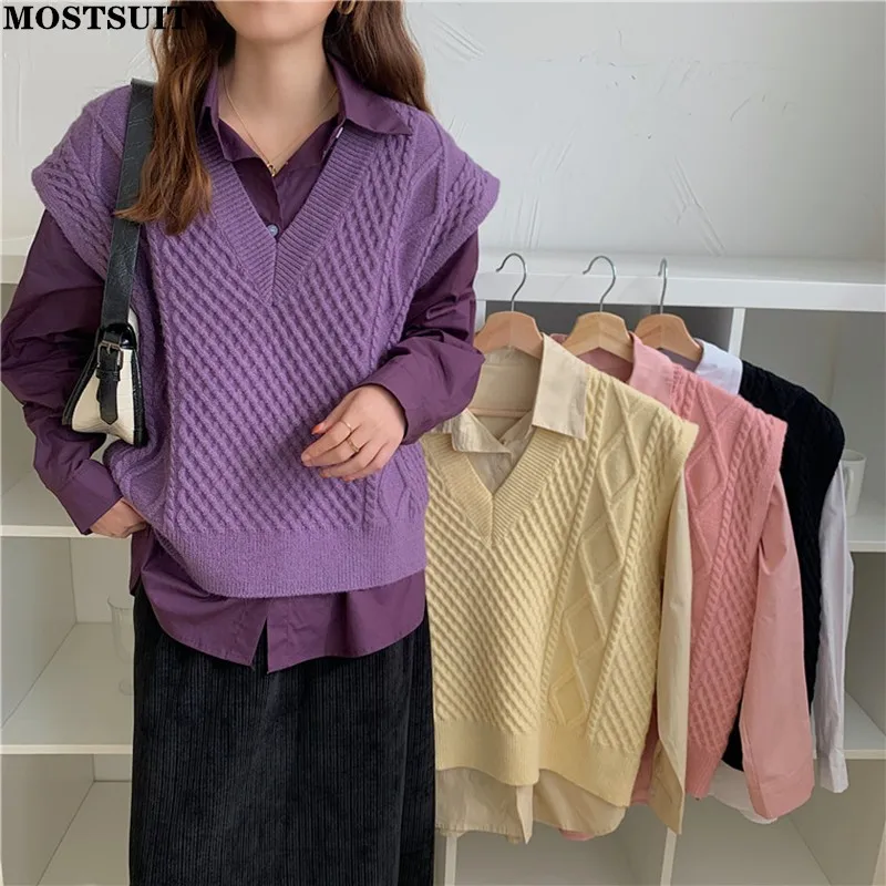 

Женский вязаный жилет с V-образным вырезом, однотонный свободный винтажный пуловер без рукавов, Осень-зима 2021