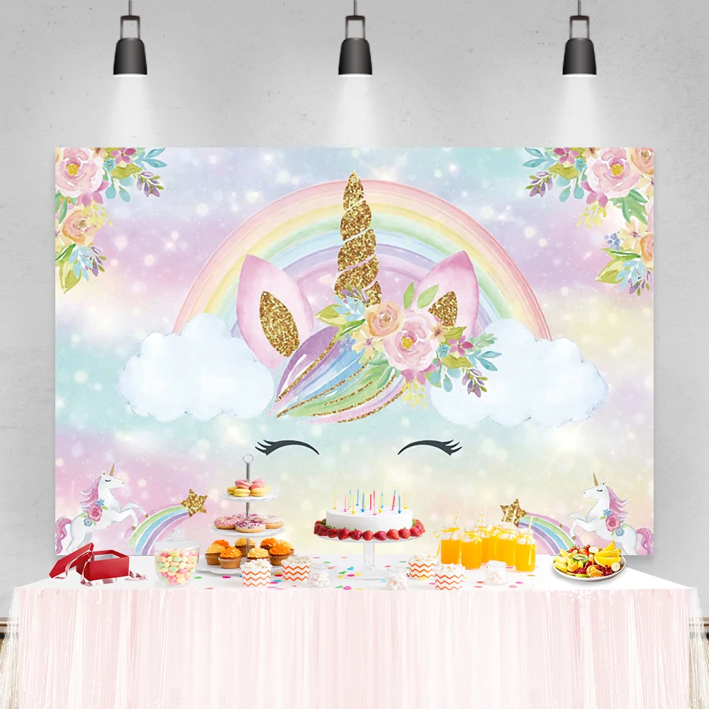 

Laeacco Unicorn Backdrops Rainbow Sky Clouds Flowers Light Bokeh Baby Shower Newborn Birthday Photography Backgrounds Photozone