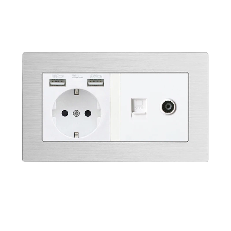 

Avoir DE EU RU Plug Wall Socket With LED Indicator Dual USB, RJ45, TV Port Double Socket Power Outlet Metal Panel 146mm*86mm