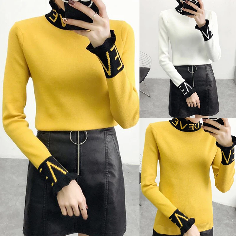 

Fashion design Turtleneck Letter Sweater Women Long Sleeve Slim Knitted Pullovers Female Soft Warm Autumn Casual Jumper