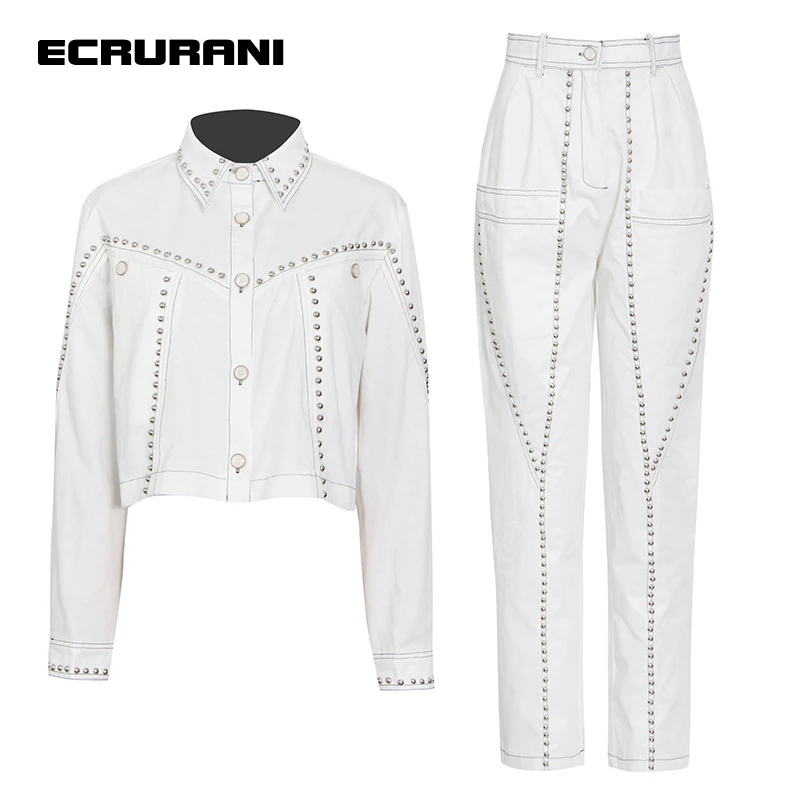 

Женский Повседневный костюм ECRURANI, белый лоскутный комплект из двух предметов, рубашка с длинным рукавом и лацканами, длинные брюки с высоко...