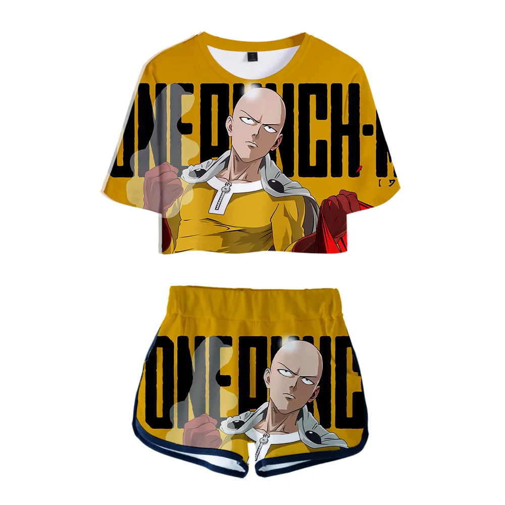 

Hip Hop Anime One Punch Man 3D Print Dew navel Sport Girl suits Youthful Two Piece Set Short Sleeve Sexy Shorts+lovely T-shirts