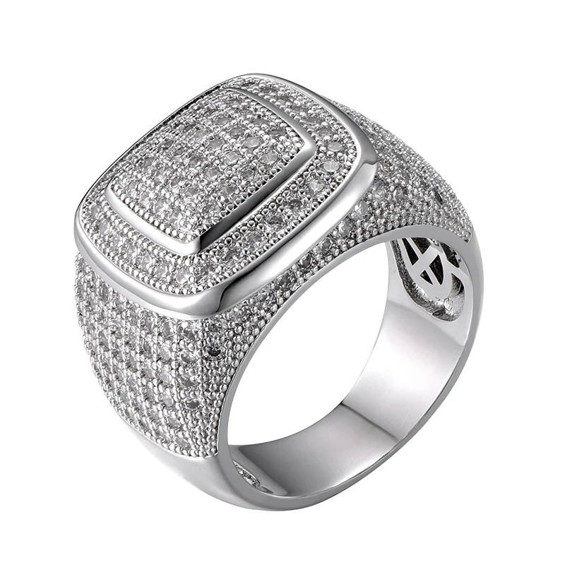 Silver Хип-хоп ледяной Bling Полный украшения CZ Tready квадратный медный циркон кольцо для мужчин и женщин ювелирные изделия золото серебро Размер 8-11 - Main Stone Color: Silver