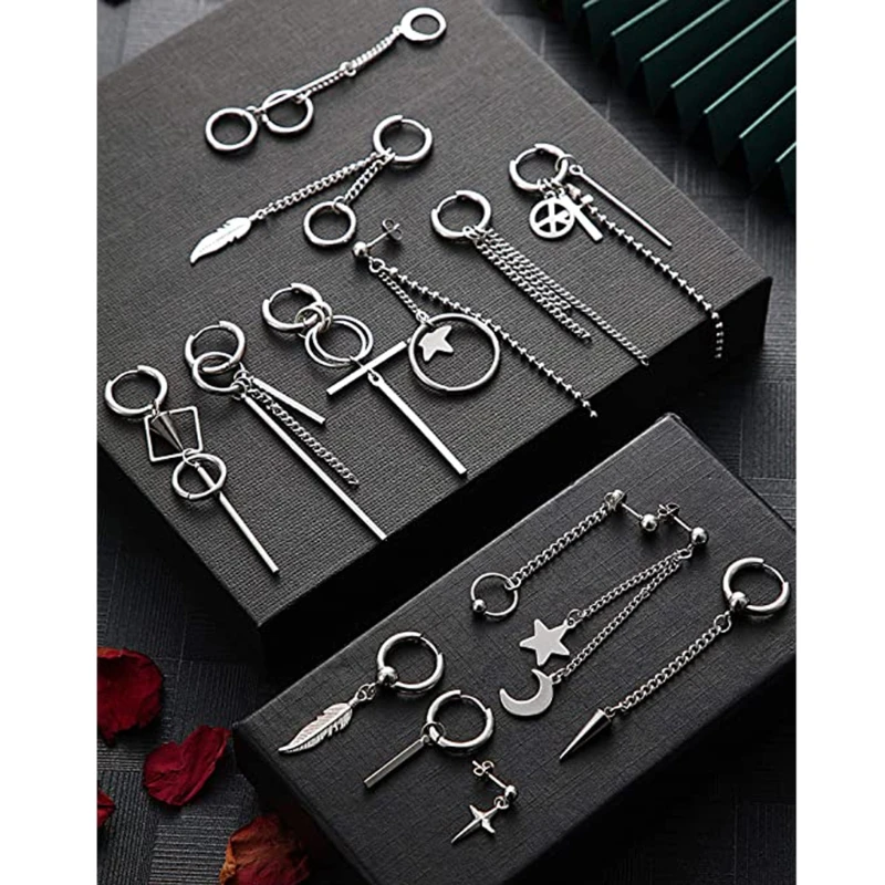 

24Pcs Korean Huggie Hoop Earring Stainless Steel Dangle Hinged Feather Drop Earrings Long Chain Pendant Earrings Jewelry