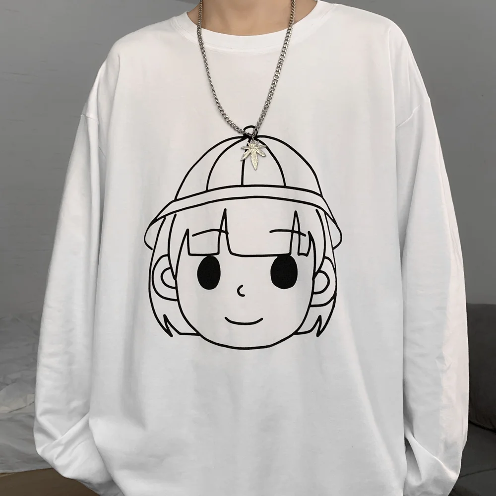 

Couples T-shirts 2021 Spring Long Loose Tshirts Long Sleeve Bottom Top Female Cartoon Head Print Long Sleeve White T-shirt