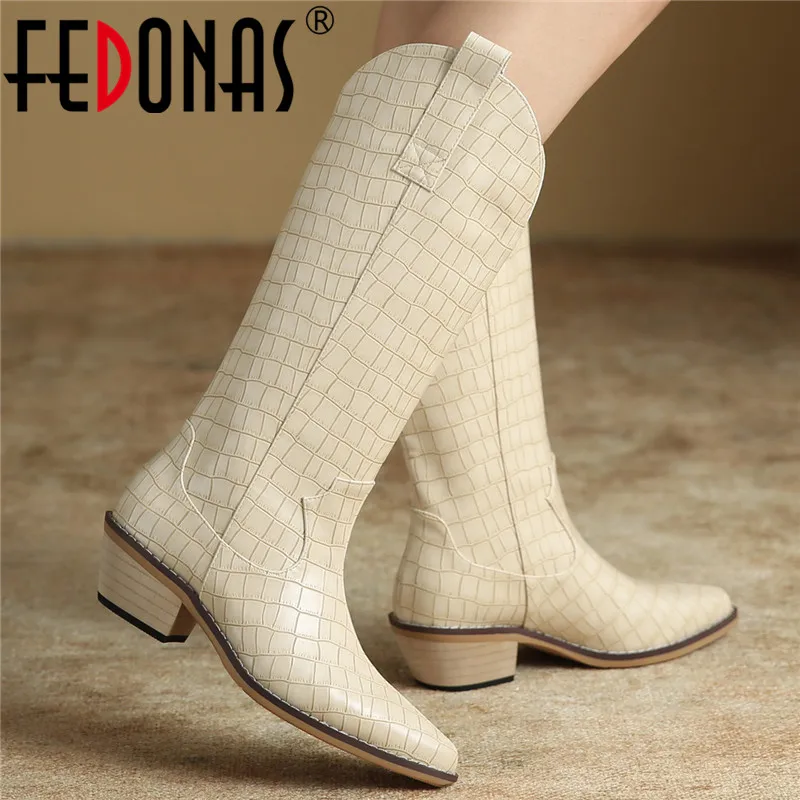 

FEDONAS Top Quality Genuine Leather Women Knee High Boots Autumn Winter Pointed Toe Thick Heels Fashion Party Shoes Woman Newest