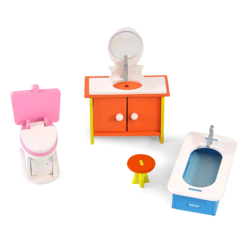 

one Set Colorful Wooden Doll Miniature House Accessories Furniture Bathroom House Dollhouse Decoration Play Kids Toys
