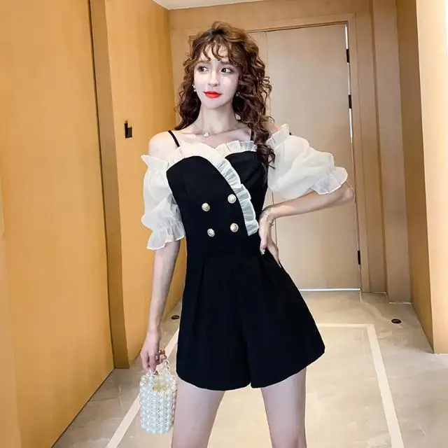 

Women 2021 Summer Sweet Ruffle Playsuits Female High Waist Puff Sleeve Jumpsuit Romper Office Lady Elegant Casual Overalls U135